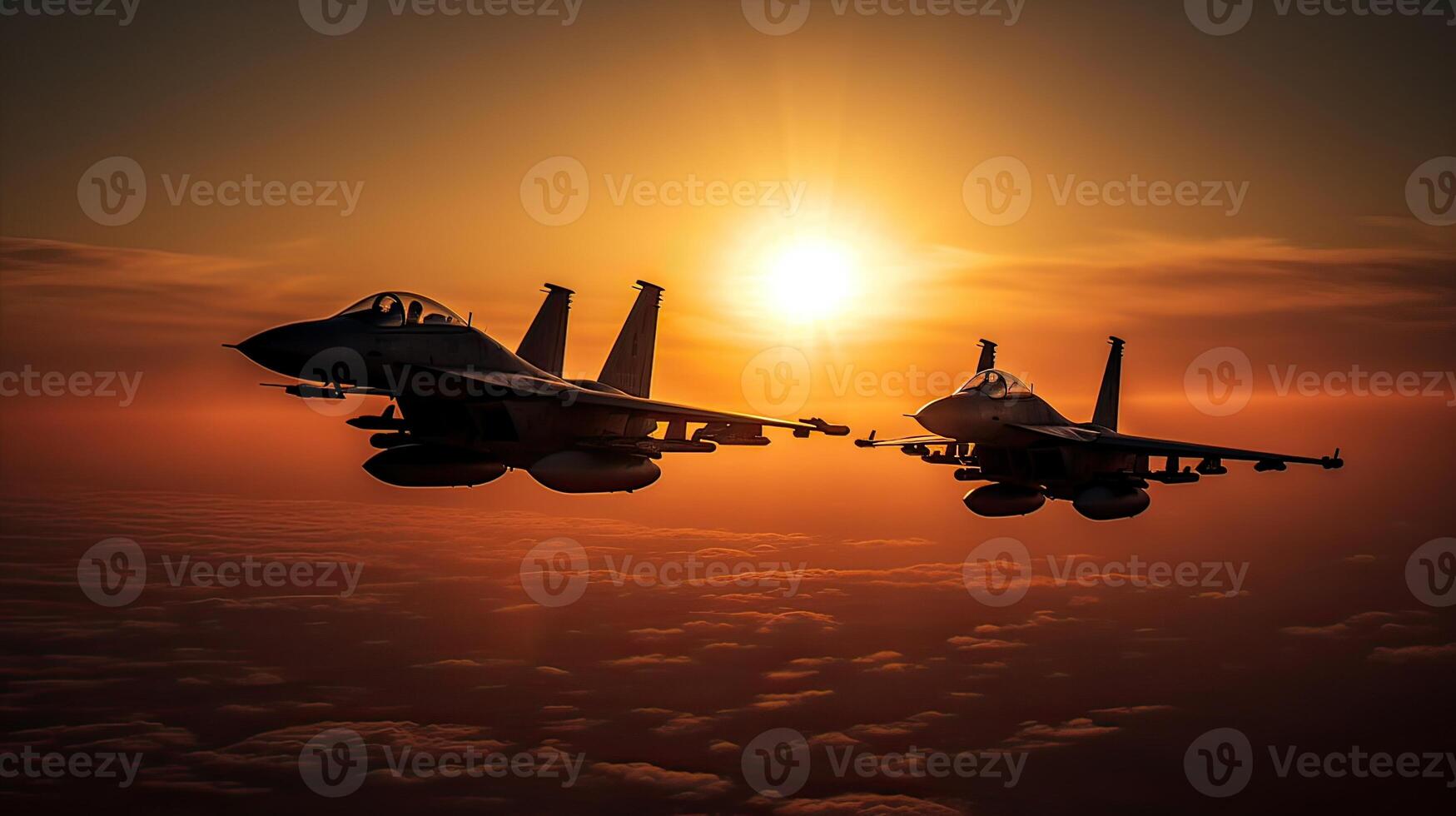 Militar aircraft flying over the clouds in amazing sunset. . photo