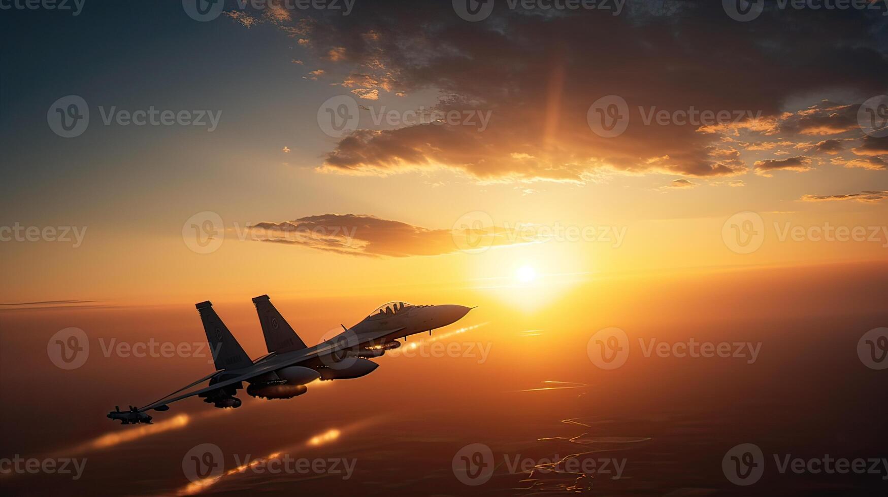 Militar aircraft flying over the clouds in amazing sunset. . photo