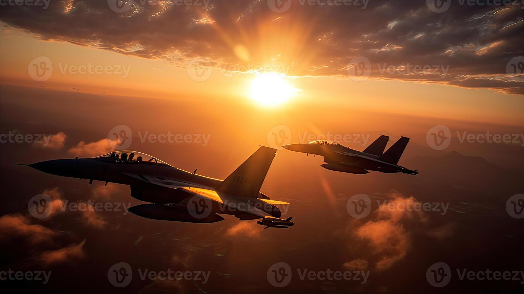 Militar aircraft flying over the clouds in amazing sunset. . photo