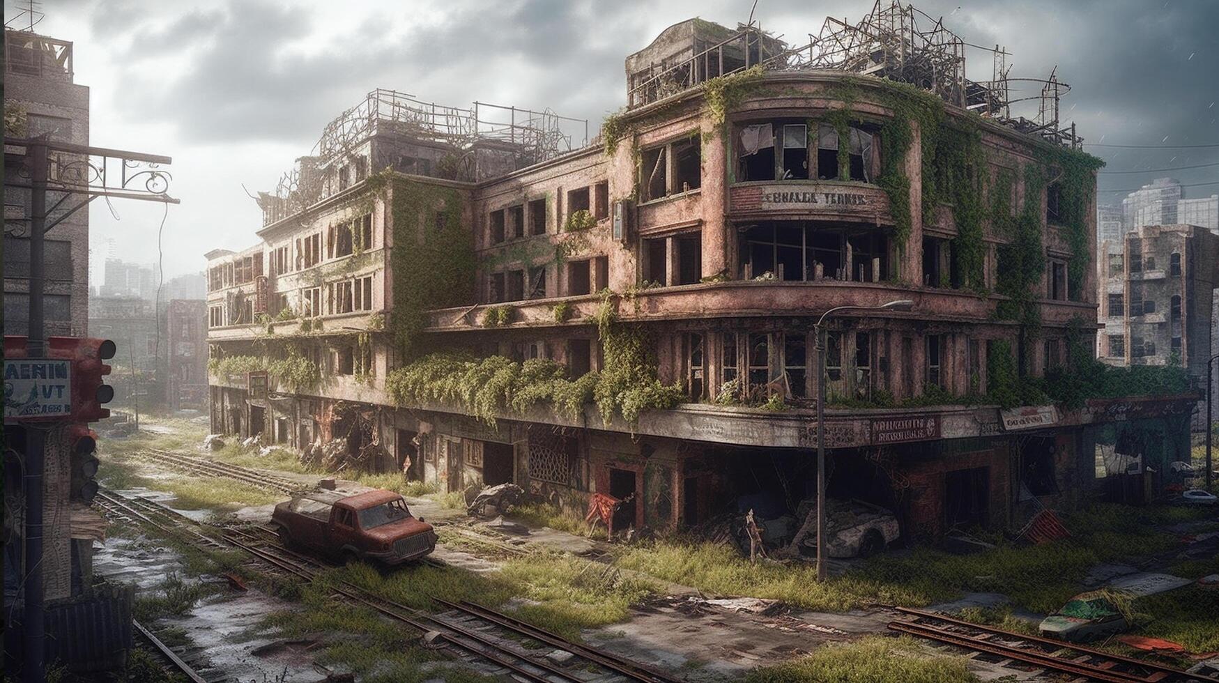 Post-apocalyptic ruined city. Destroyed buildings, burnt-out vehicles and ruined roads. photo