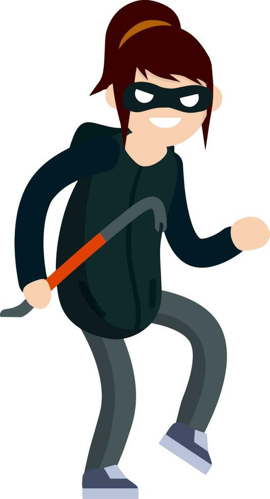 Thief with crowbar. Female offender sneaks. Cartoon flat illustration. Criminal problem. Woman robber in black with mask vector