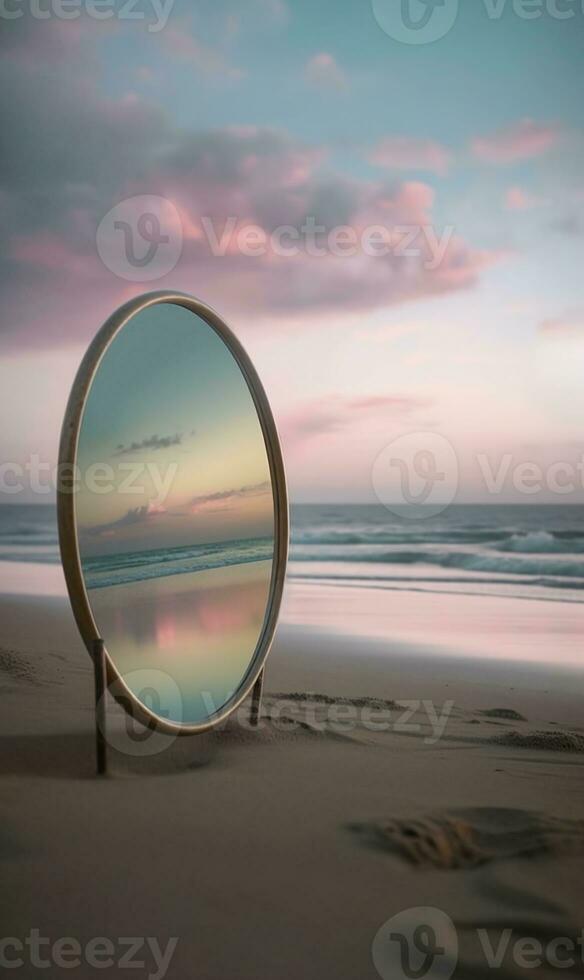 un espejo en el playa con el Dom ajuste detrás eso foto