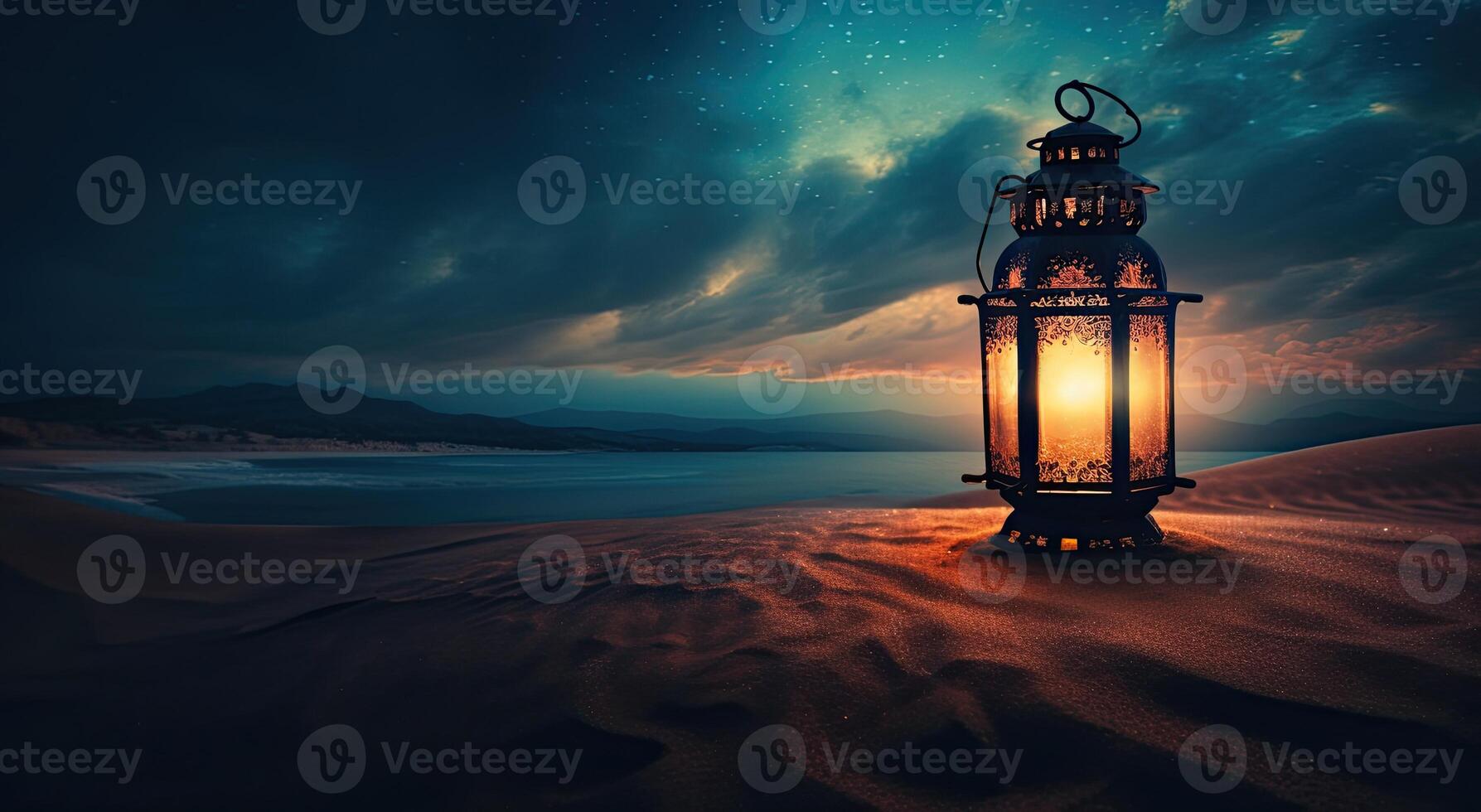 ramadan islamic lantern on desert background, in the style of romantic moonlit seascapes, blue and amber, mysterious dreamscapes, decorative paintings, Illustration photo