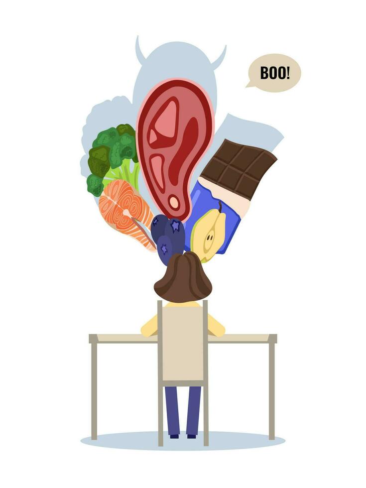 Eating disorder poster depicting a young woman sitting at the table in front of the different types of food. Eating disorder poster cartoon style on the white background. vector