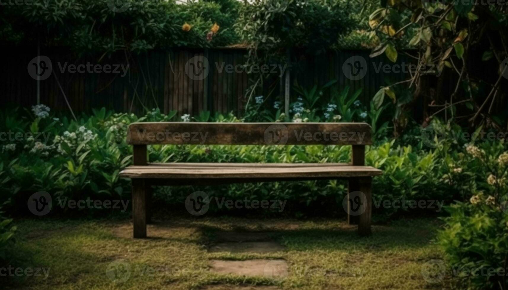 Backyard garden wooden bench a place to sit and relax with nature and plant surround. Background and backdrop. photo