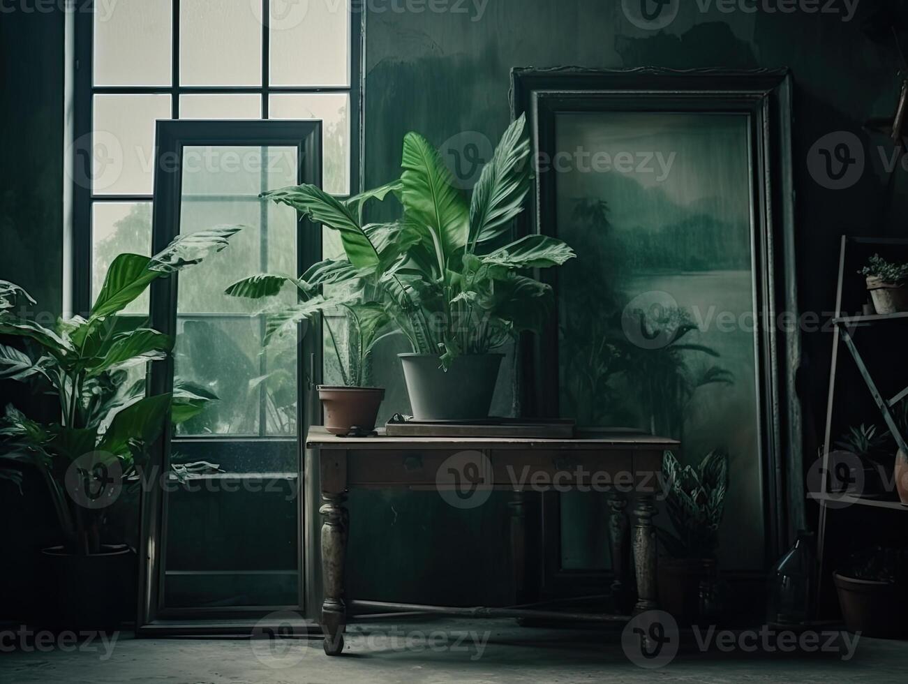 a green wall with flowers and plants behind a blank frame, in the style of poster, interior scenes, photobashing, environmentally inspired, hinchel or, industrial-inspired, Illustration photo