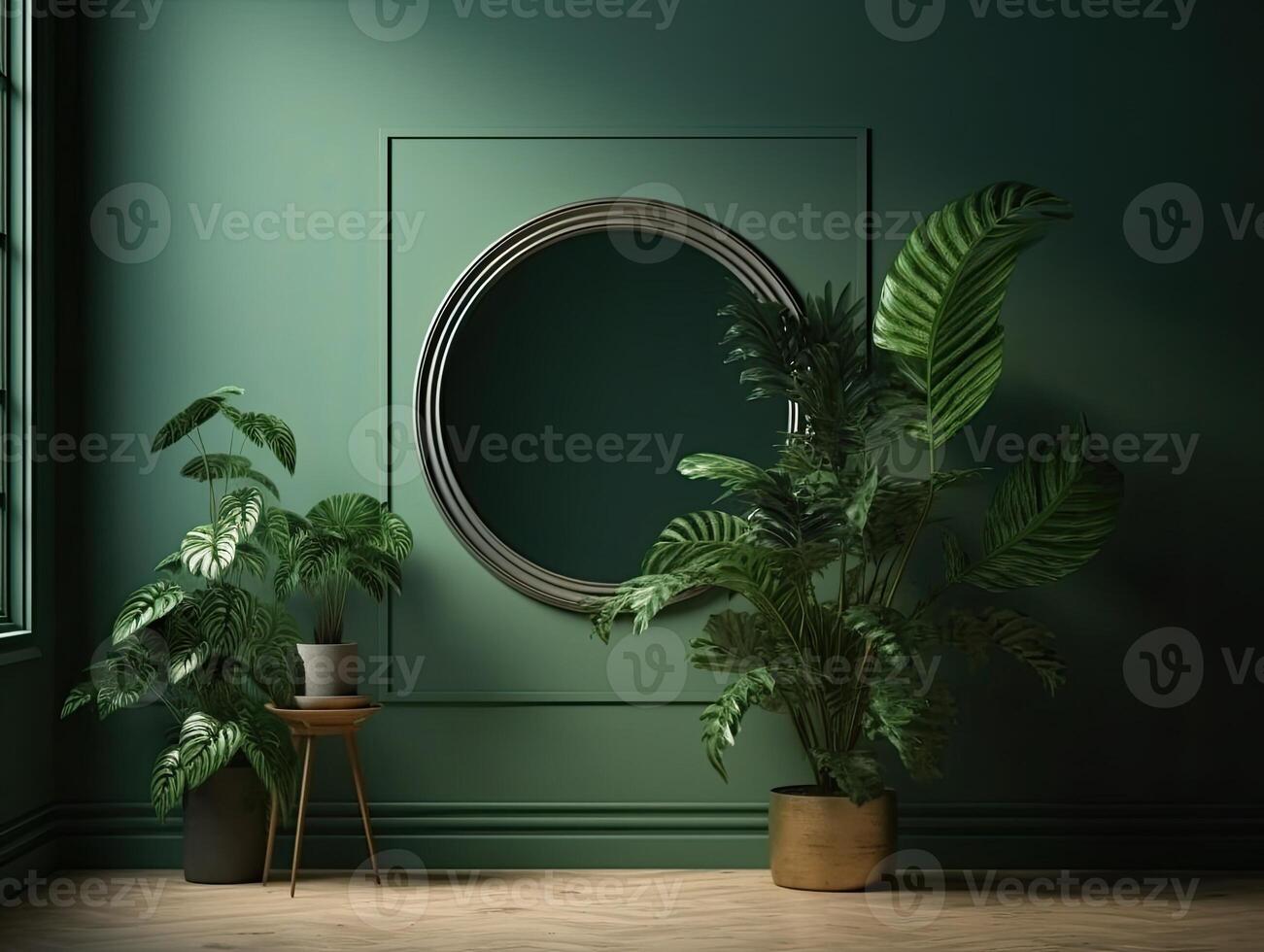 a green wall with flowers and plants behind a blank frame, in the style of poster, interior scenes, photobashing, environmentally inspired, hinchel or, industrial-inspired, Illustration photo