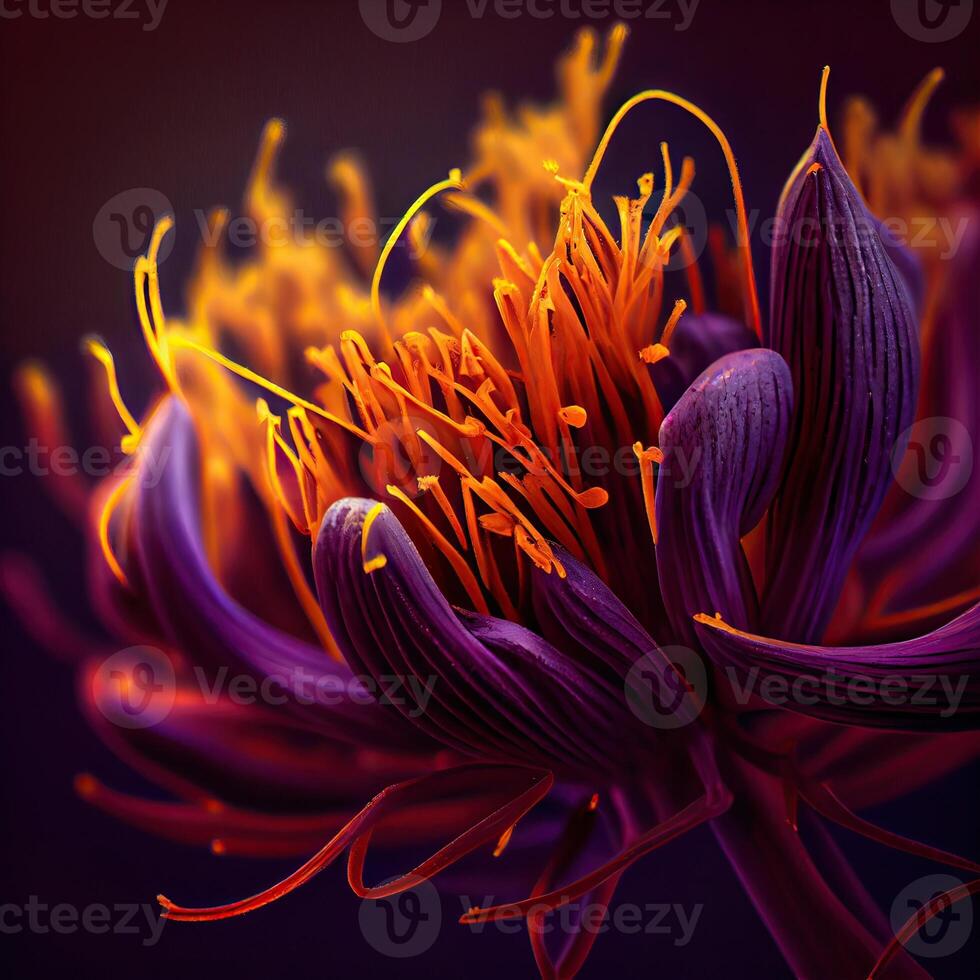 Purple flower head of saffron crocus Crocus sativus and the vivid crimson stigma and styles close up macro photography. . photo