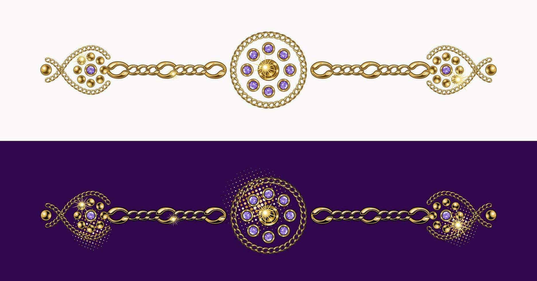Vintage jewelry border line, divider made of gold ball beads, purple rhinestones, gems, gold chains on white and violet background. Vector design element