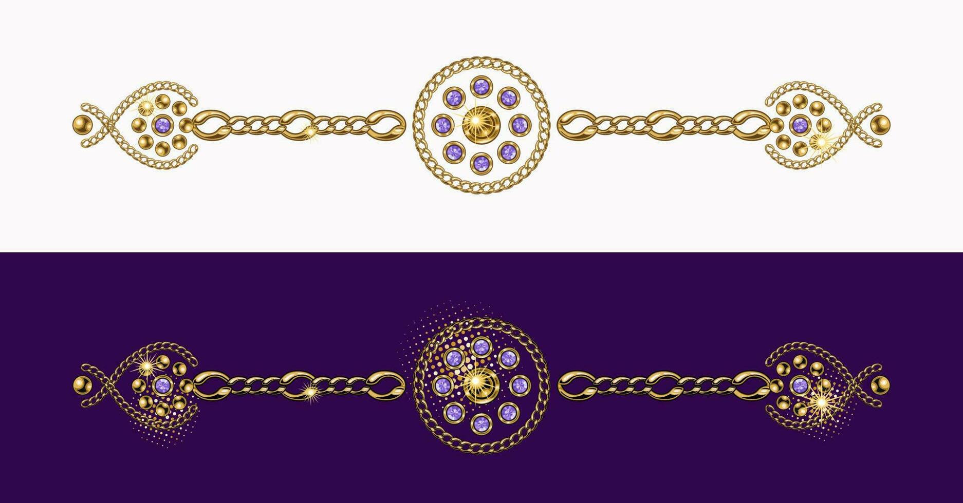 Clásico joyería frontera línea, divisor hecho de oro pelota rosario, púrpura pedrería, gemas, oro cadenas en blanco y Violeta antecedentes. vector diseño elemento