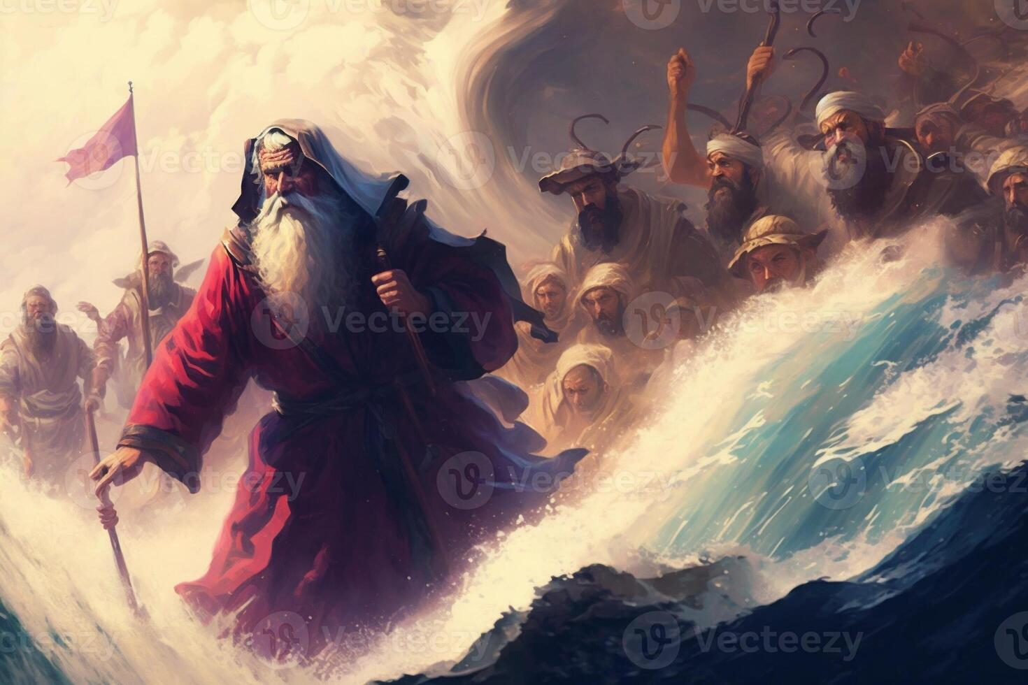 Illustration of the Exodus of the bible, Moses crossing the Red Sea with the Israelites, escape from the Egyptians. Generate Ai photo