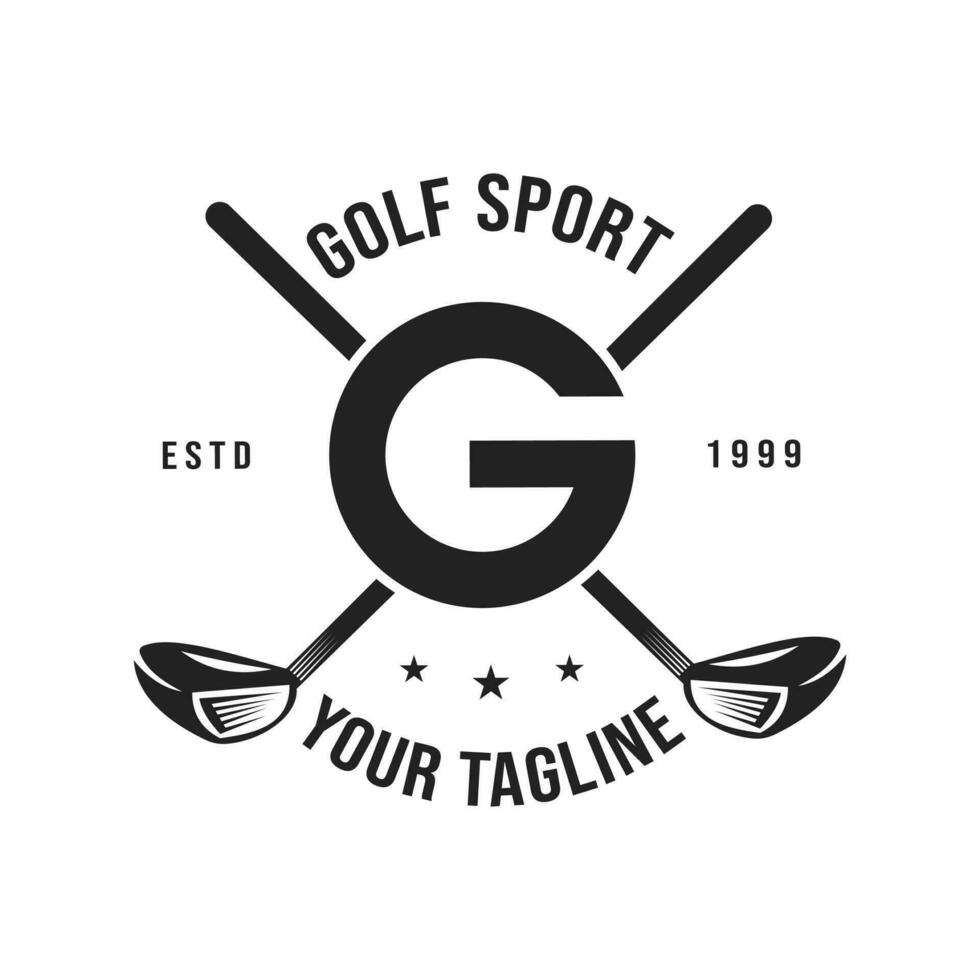 Sleek and stylish design for a golf merchandise company that features the letter G positioned between two golf clubs. Vintage retro design, golf tournament vector