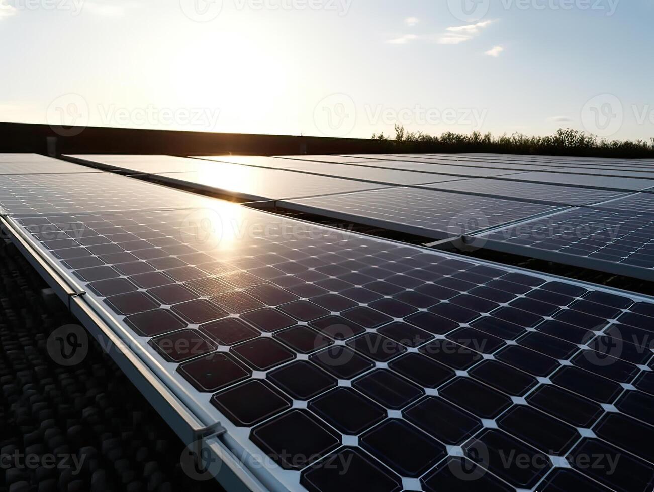 solar paneles granja o solar llamada granja en verde colinas campo y azul cielo antecedentes .energía y eco ambiente concepto .enfocar en primero solar panel. generativo ai. foto
