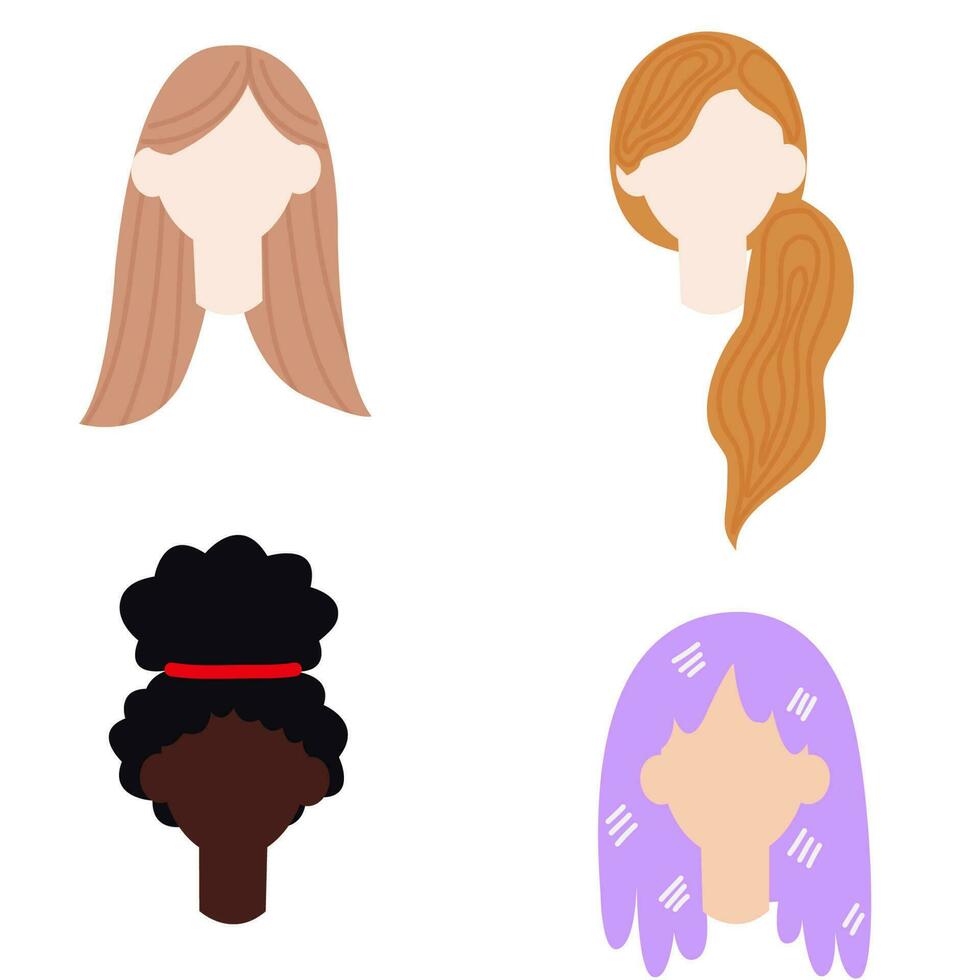 Set of girls with different hairstyles, hair color and nationality..Girl hairstyle vector set. Illustration of hairstyle head, character avatar portrait