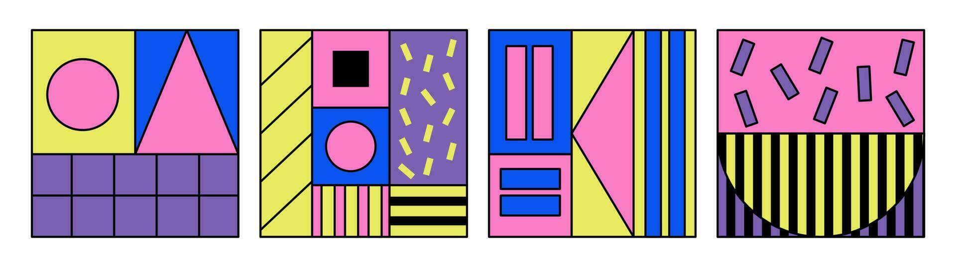 Set of retro abstract squares, patches. 80s, 90s modern Memphis style. Geometric playful shapes. Neo-memphis, pop art. Vector illustration.