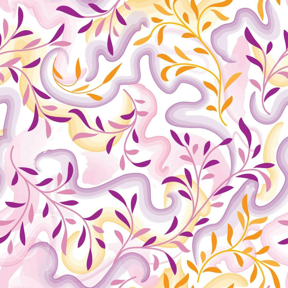 Abstract floral pattern with splash and watercolord swirl lines. Flourish seamless texture. Stylish abstract vector branch with leaves summer nature background