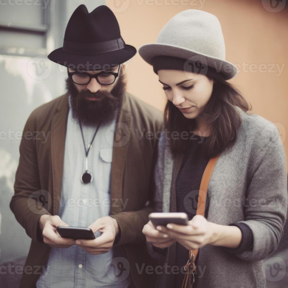 joven hipster Pareja sentado en un banco interactuando con social redes con su smartphone.ai generativo foto