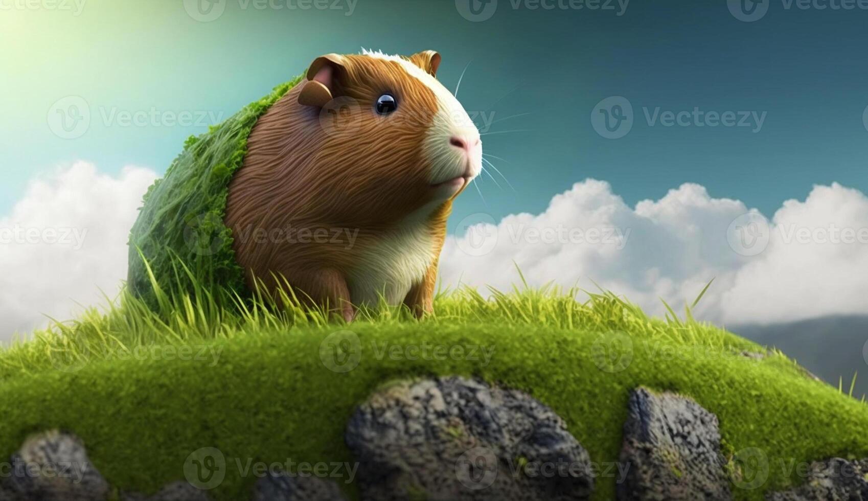 realistic 3d illustration of a guinea pig standing in a green meadow on the edge of a hill, photo