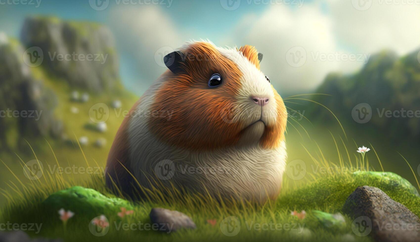 realistic 3d illustration of a guinea pig standing in a green meadow on the edge of a hill, photo