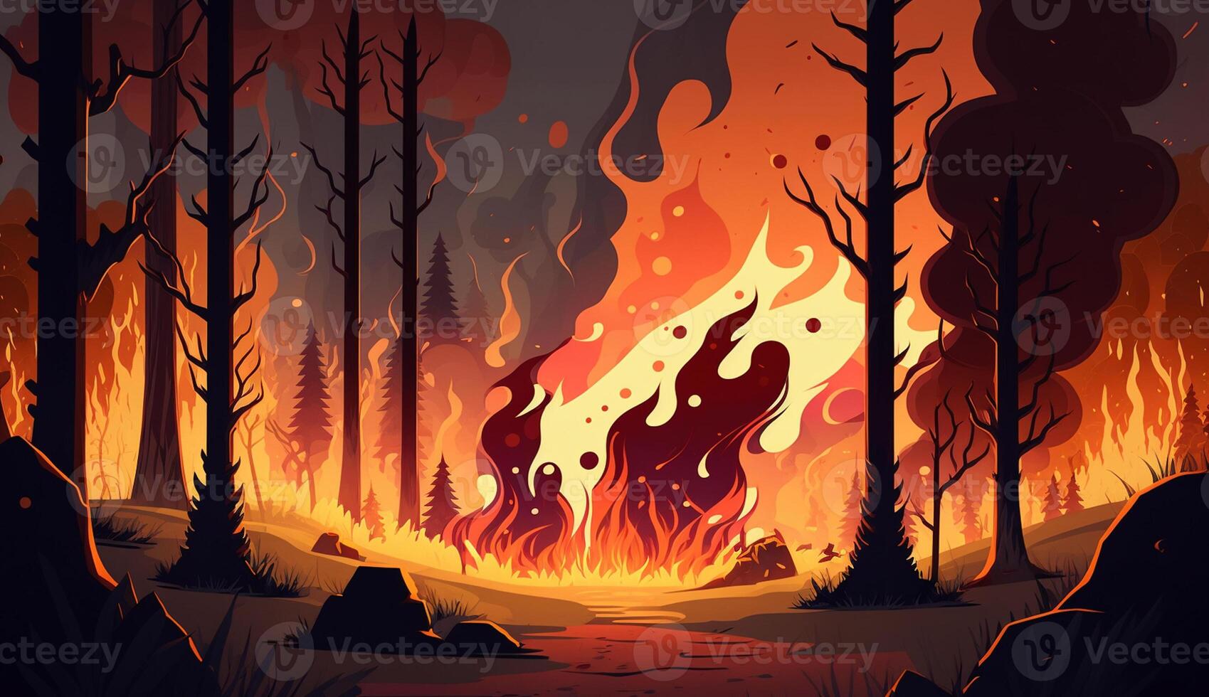 realistic cartoon illustration of forest on fire and full of smoke, photo