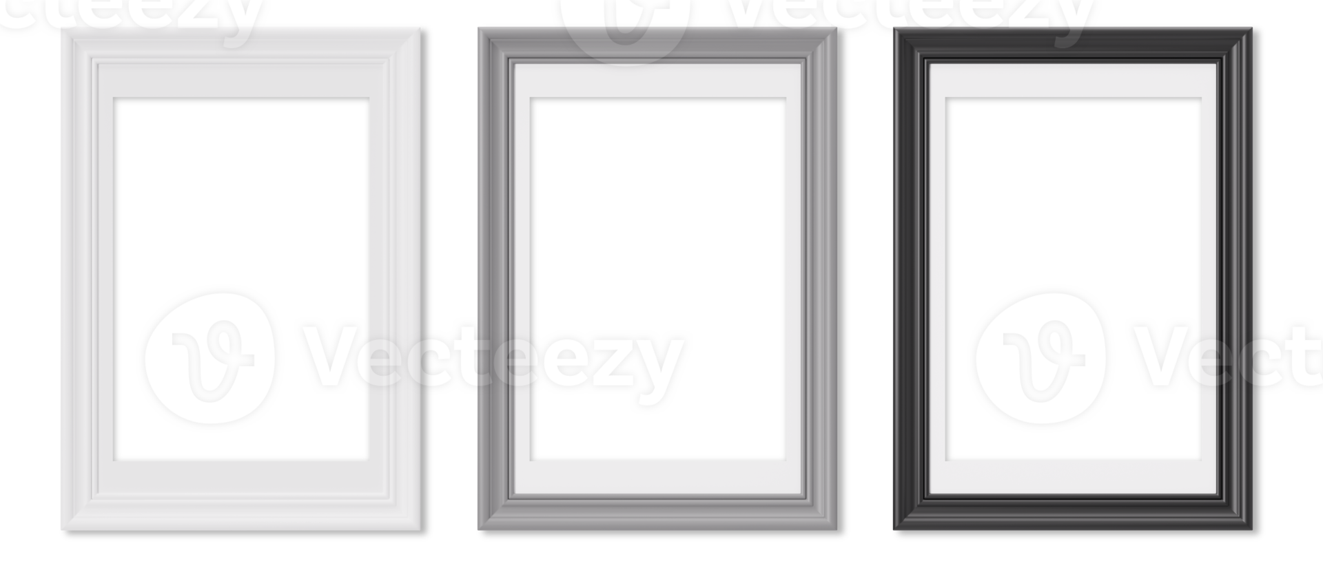 Set of vertical picture frames on transparent background, as png. White, gray and black frames with passepartout. Template, mock up for your picture, poster, artwork presentation. 3d render. png