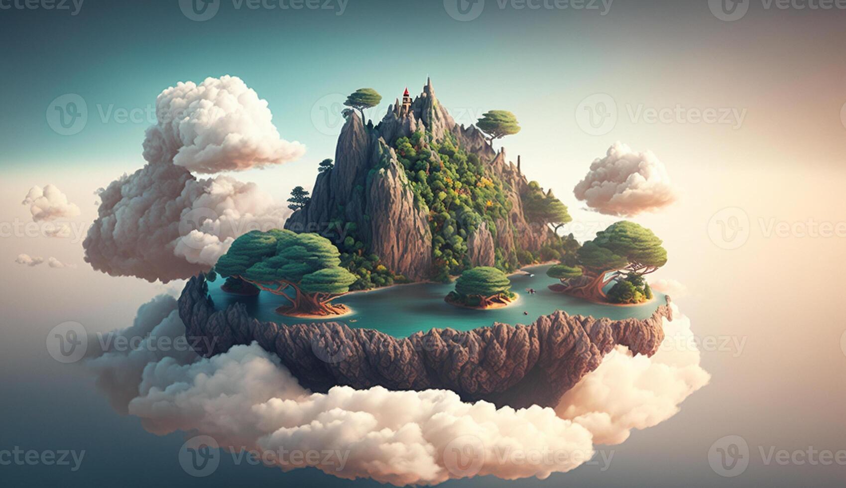 3d illustration of island above the clouds, photo