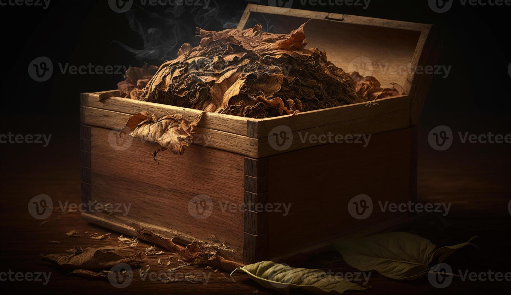 illustration of tobacco leaves in a wooden box, photo