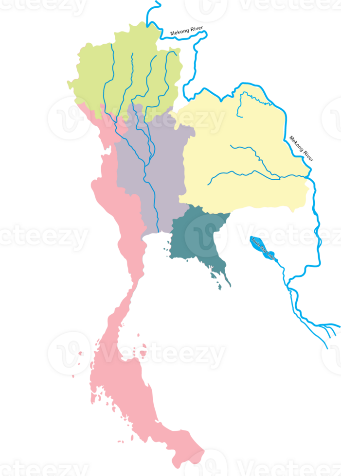 Map of Thailand includes regions including Mekong River, Mun, Chi, Chao Phraya, Ping, Wang, Yum, Nan River png