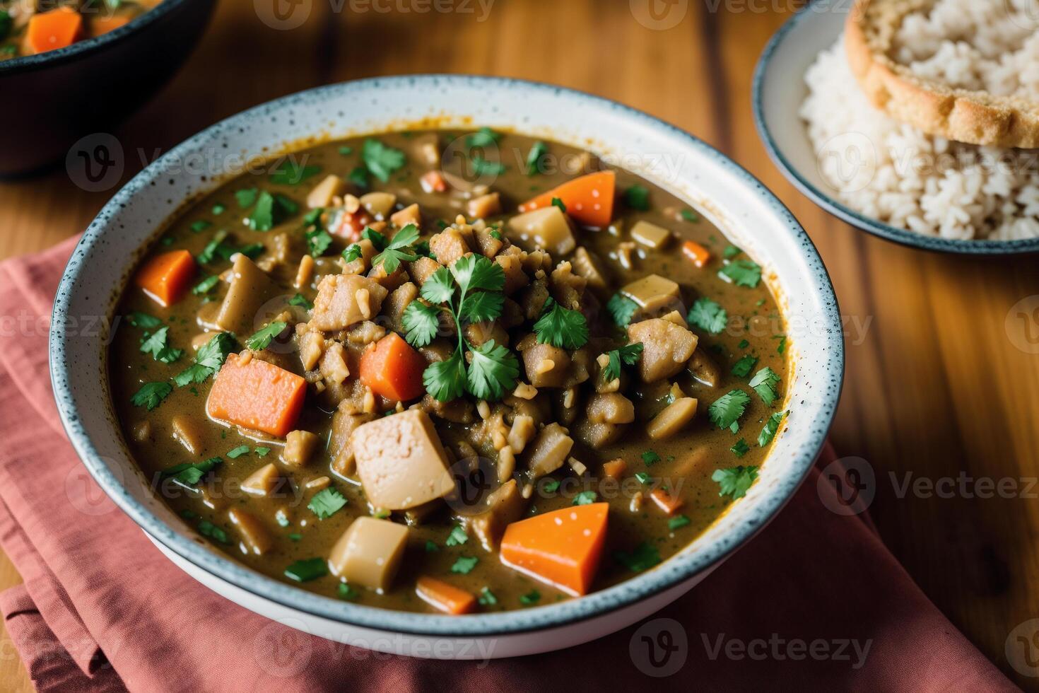 Curry with chicken and vegetables in a bowl on a wooden table. Gumbo. Vegetable soup. Seafood soup photo