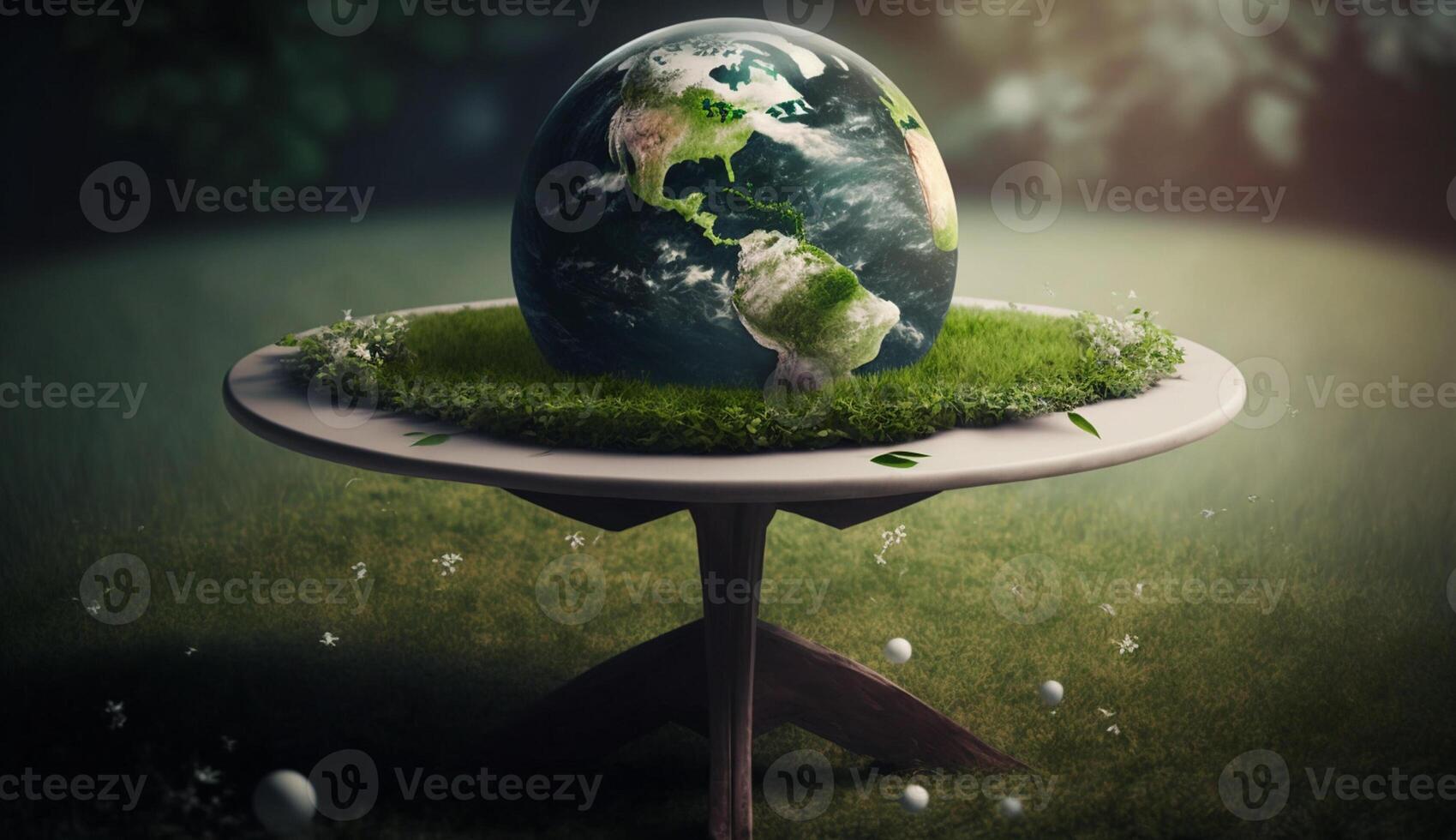 illustration of planet earth on the table and grass,globe on the table grass, photo