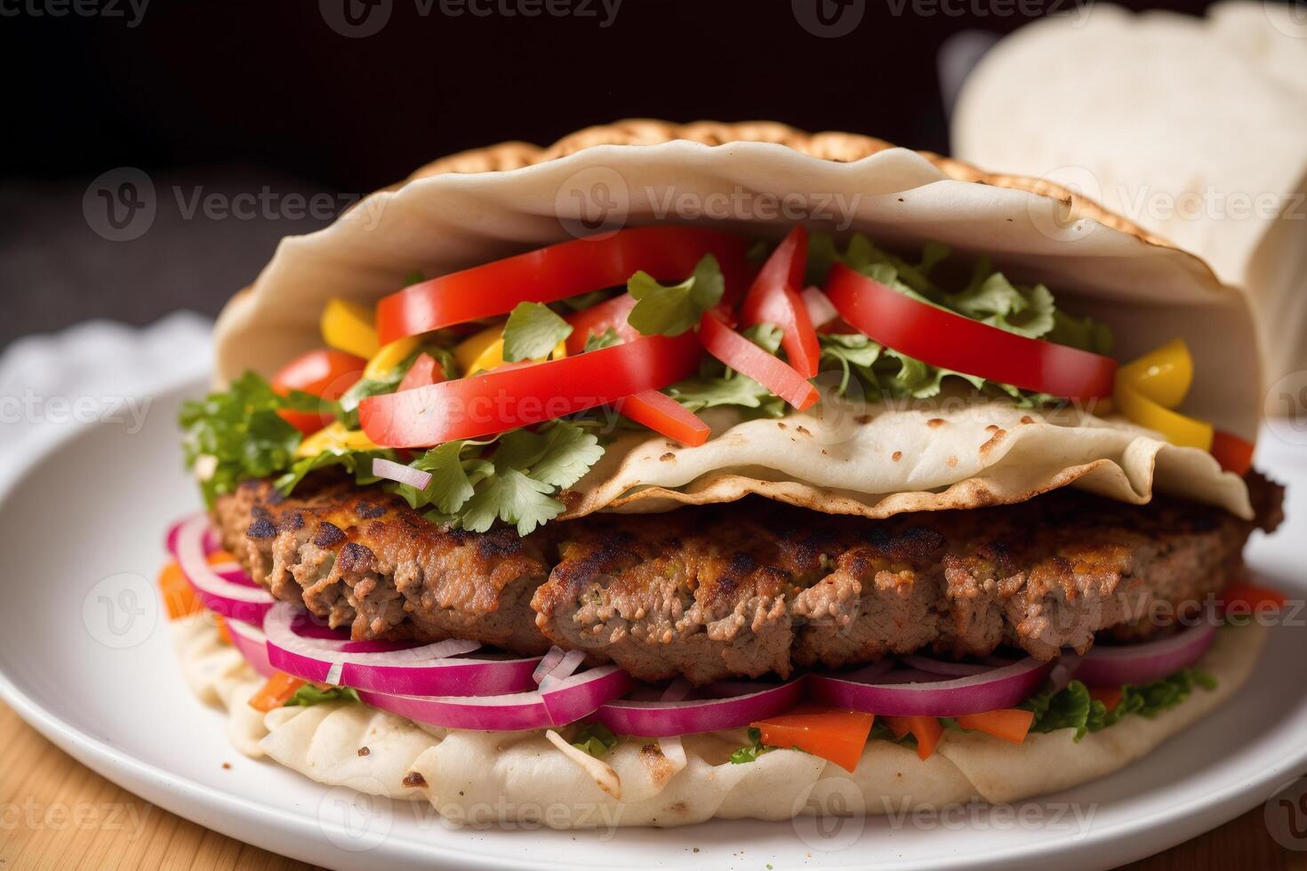 A plate with doner kebab on a wooden table. shish kabob, meat sticks. photo