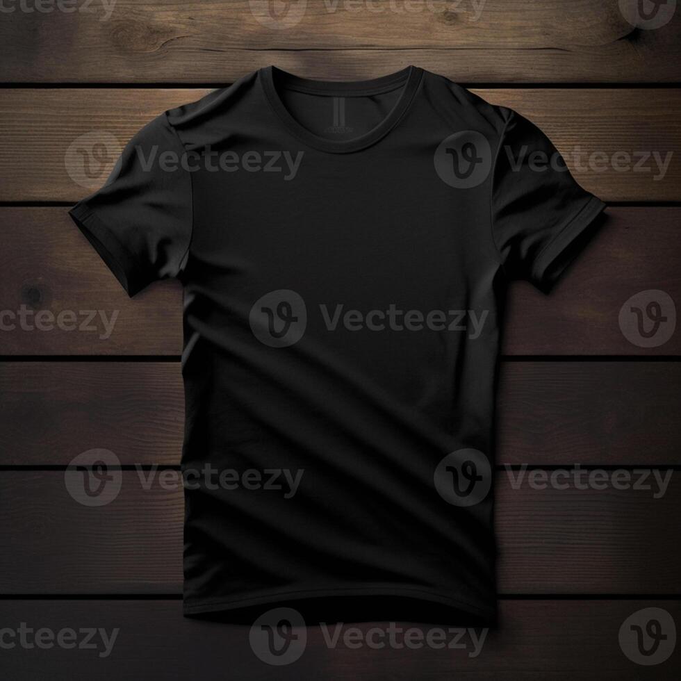 blank black t-shirt on a wooden surface, photo