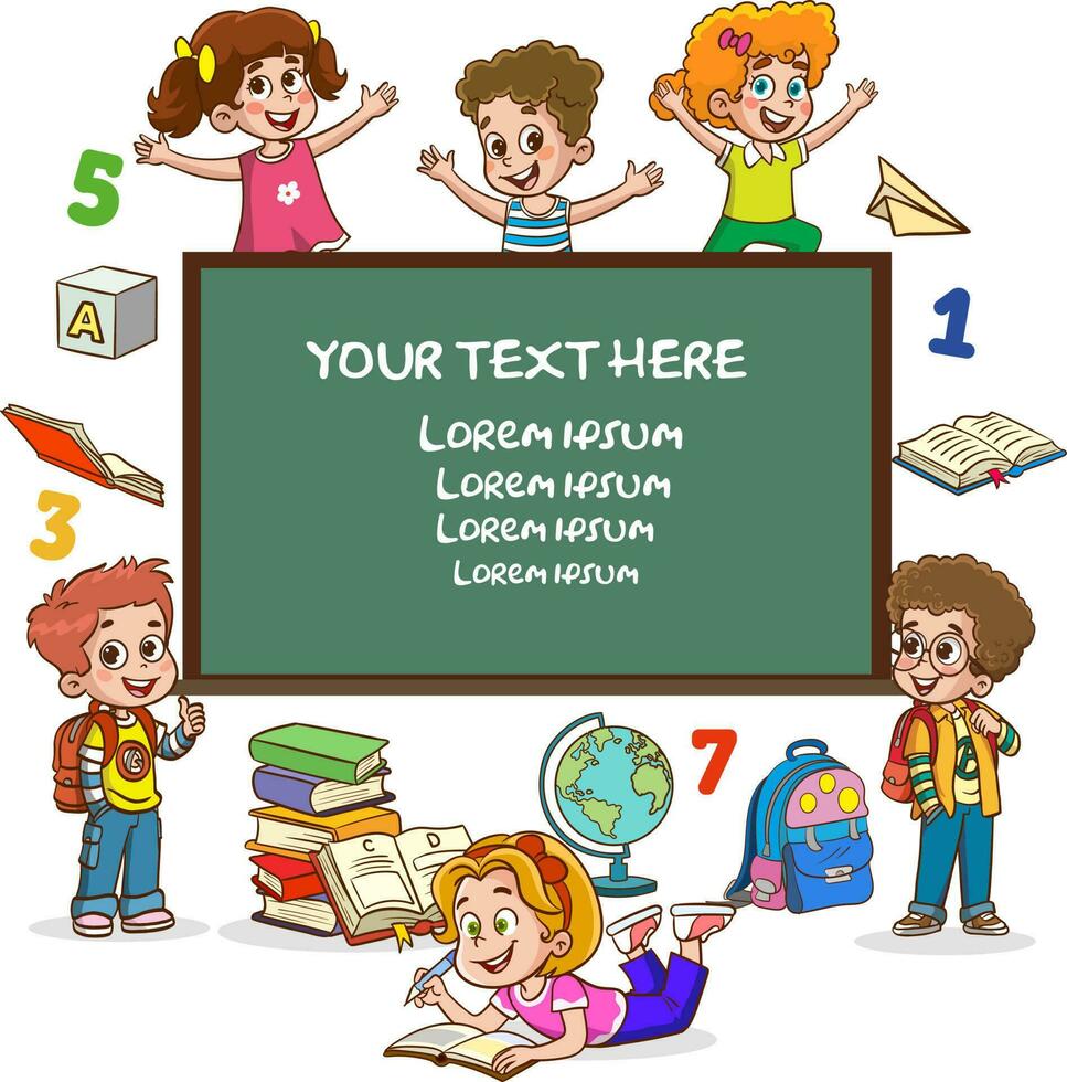 Little Children Studying And Playing At Preschool Classroom vector.A cartoon of kids with a blackboard that says your text here. vector