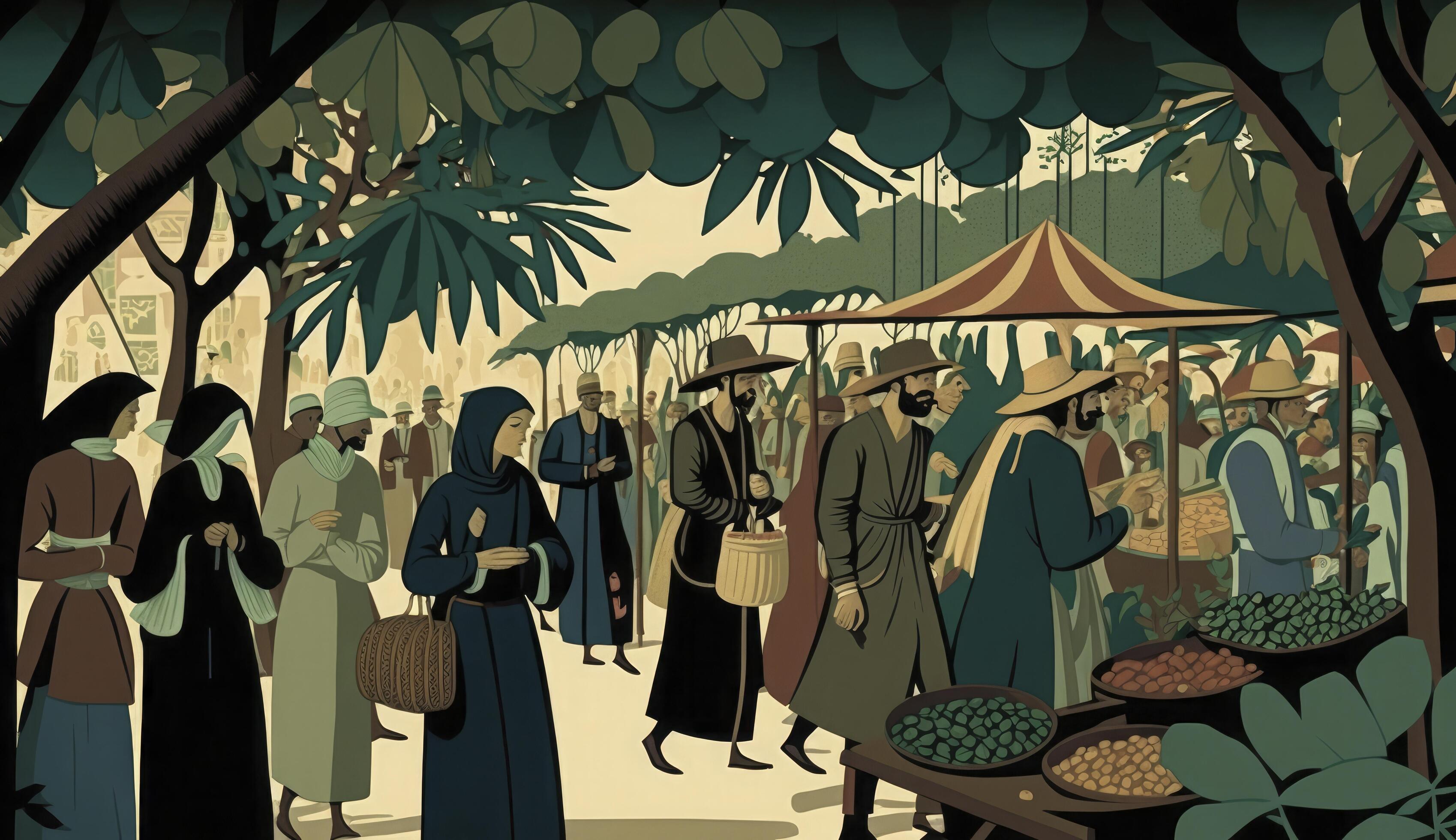 The Silk Road, 500 AD A bustling market scene along the Silk Road, with