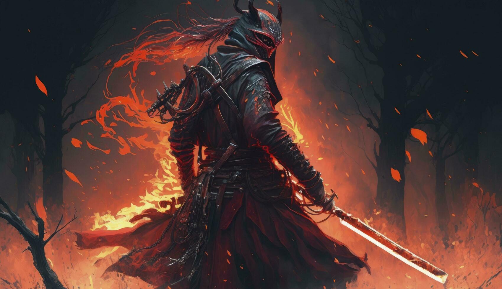 un samurai en un demoníaco rojo máscara en el campo de batalla hace un columpio con un katana creando un candente fuego anillo alrededor, él es un místico marcial. ilustración cuadro, generar ai foto