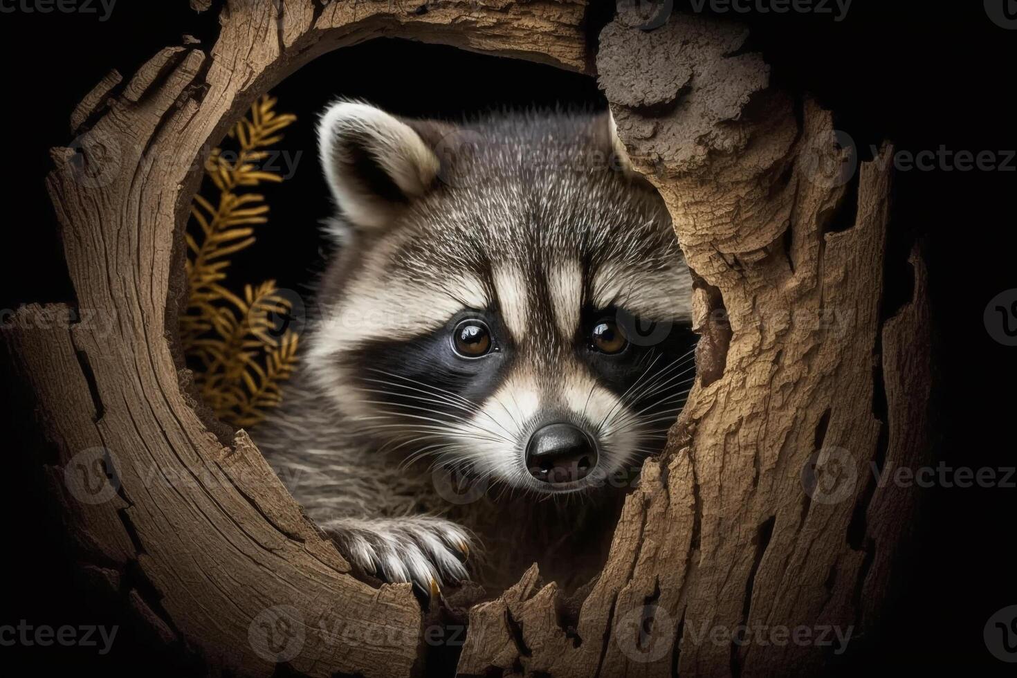 a curious raccoon peeking out of a tree hollow, with its masked face looking out. photo