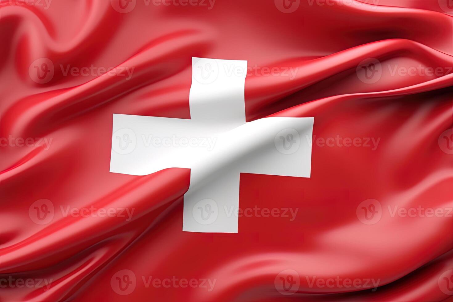 Red and white cross background, waving the national flag of Switzerland, waved highly detailed close-up. photo