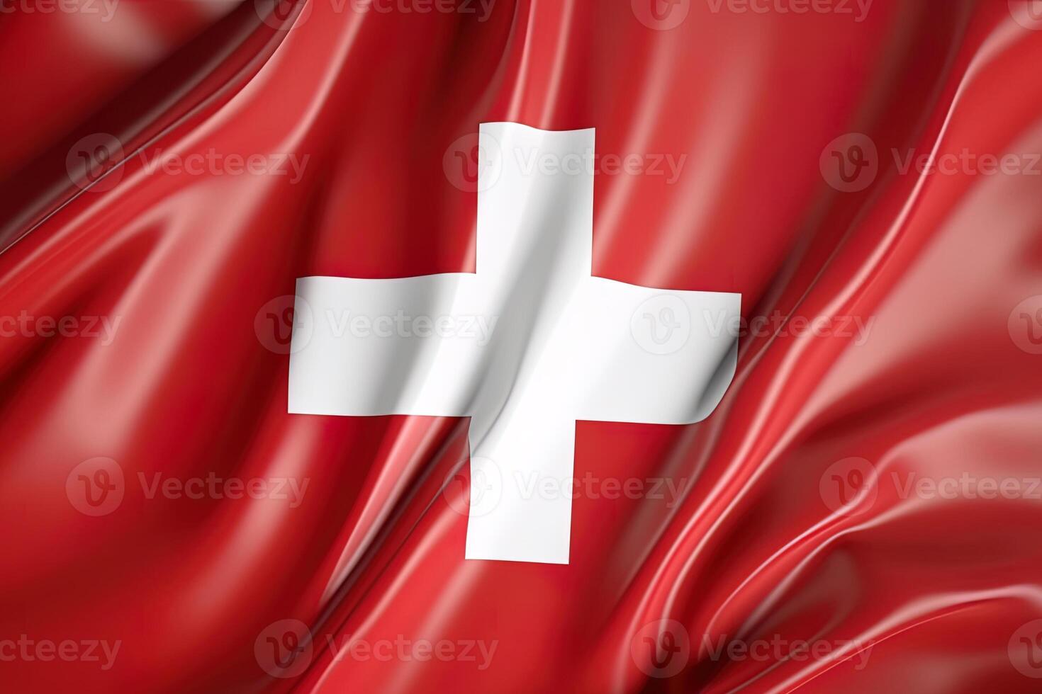 Red and white cross background, waving the national flag of Switzerland, waved highly detailed close-up. photo
