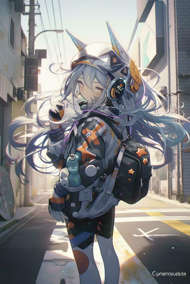 photorealism, a super cool spacepunk chick, she is walking on a street in a space station with headphones on, her clothing is futuristic and colorful, generat ai photo