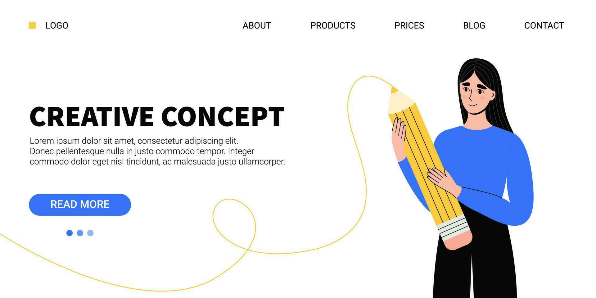 Young woman holding big pencil. Female character with yellow pencil. Education, creating, design concept. Banner, landing page, template for business. Hand drawn vector illustration in flat style.