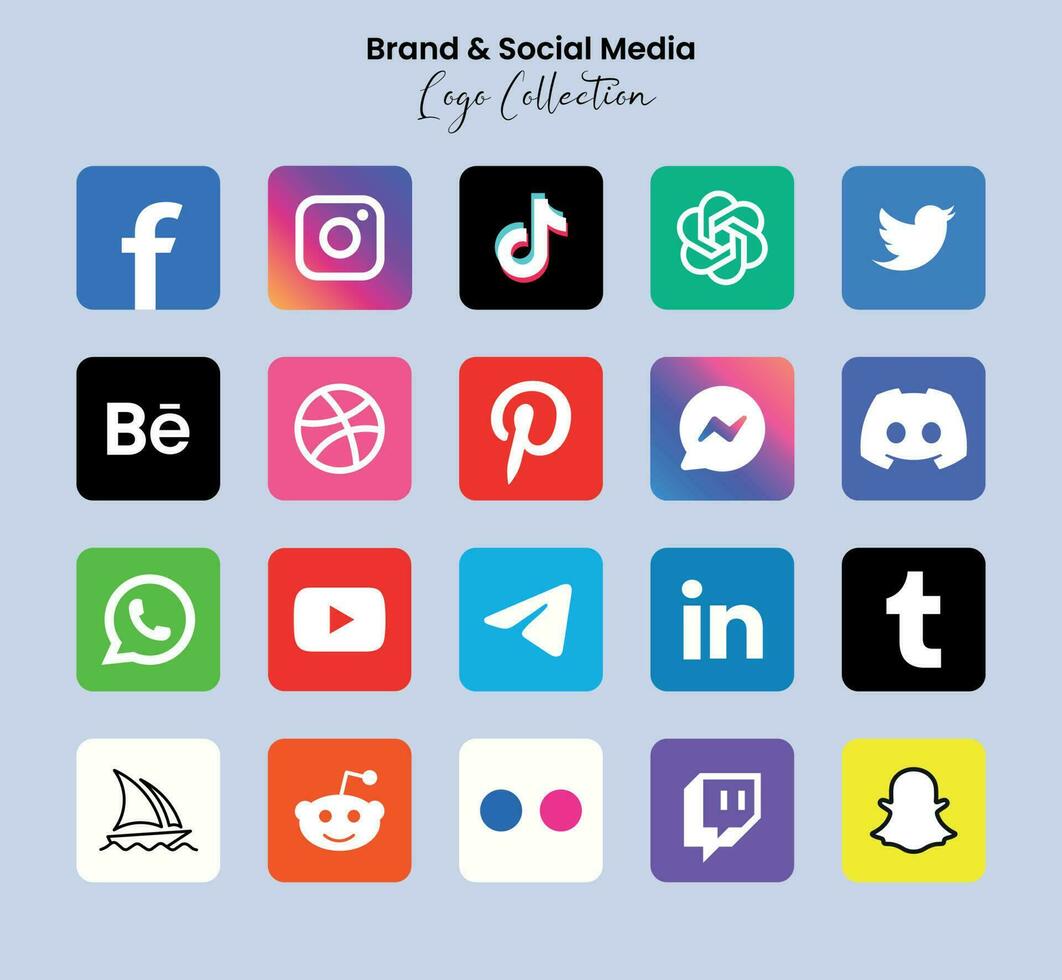 Popular social network symbols, social media logo icons collection, instagram, facebook, twitter, youtube, chatgpt, midjourney, discord and etc. social media icons vector