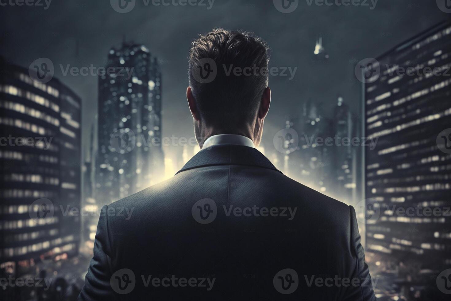 Back view of a businessman looking at skyscrapers represents Youthful Courage in the business world photo