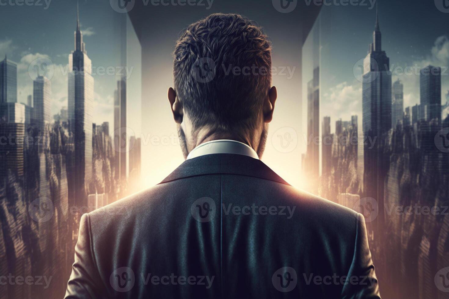 Back view of a businessman looking at skyscrapers represents Youthful Courage in the business world photo