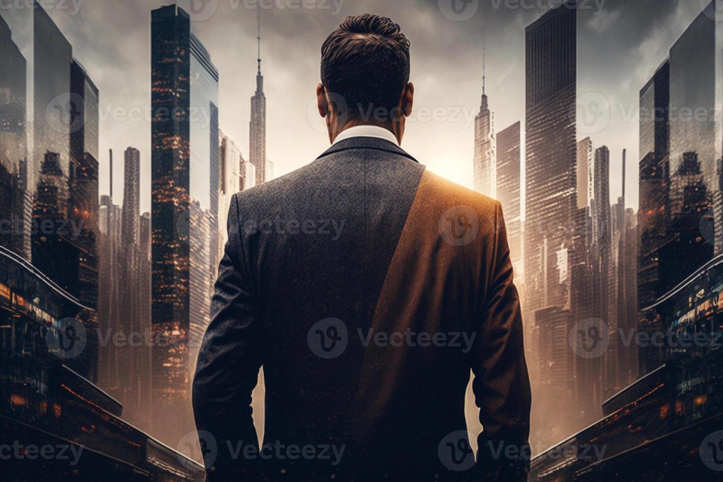 Back view of a businessman looking at skyscrapers represents Youthful Courage in the business world photo