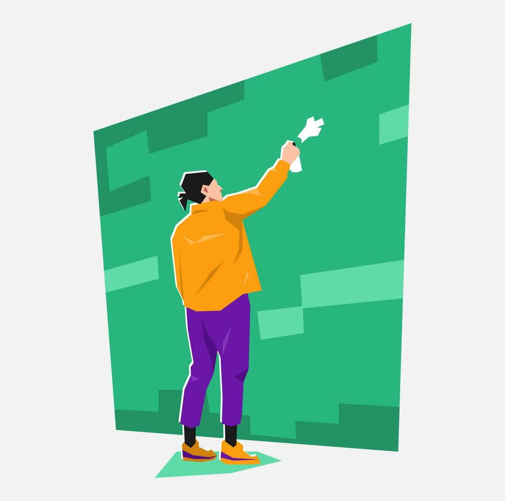 male graffiti artist, mural painter paint on brick wall with spray paint. creative occupation. back view. flat vector illustration.