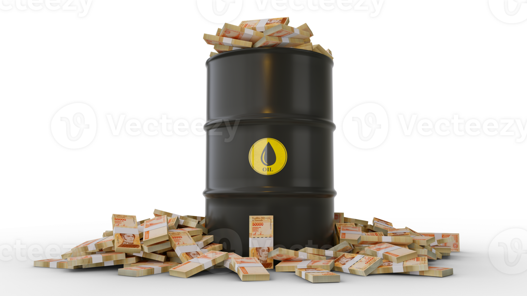 Stacks of Venezuelan bolivar notes inside black Oil Barrel isolated on transparent background. 3d rendering png