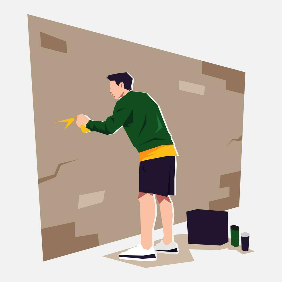 graffiti artist, mural painter paint on brick wall with spray paint. creative occupation. side view. flat vector illustration.