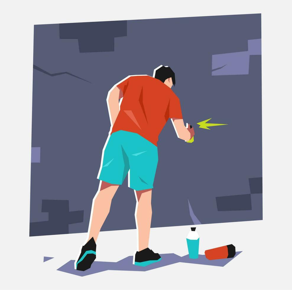 graffiti artist, mural painter paint on brick wall with spray paint. creative occupation. back view. flat vector illustration.