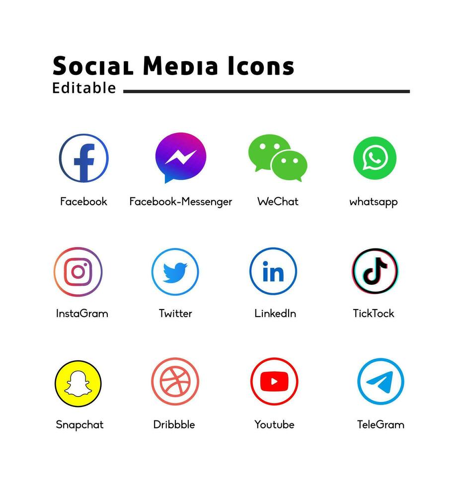 Top 12 Social Media Icon Set Facebook, Facebook Messenger, WeChat, WhatsApp, Instagram, Twitter, LinkedIn, TikTok, Koo, Dribbble, YouTube, and Telegram - Vector Icons for Your Designs