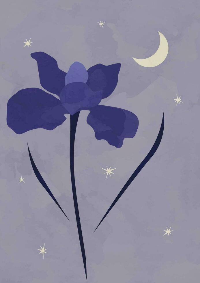 Boho poster with flower.A simple, minimalist iris print. Flowers, moon and stars. Art for for postcards, wall art, banner, background. Stock vector illustration.